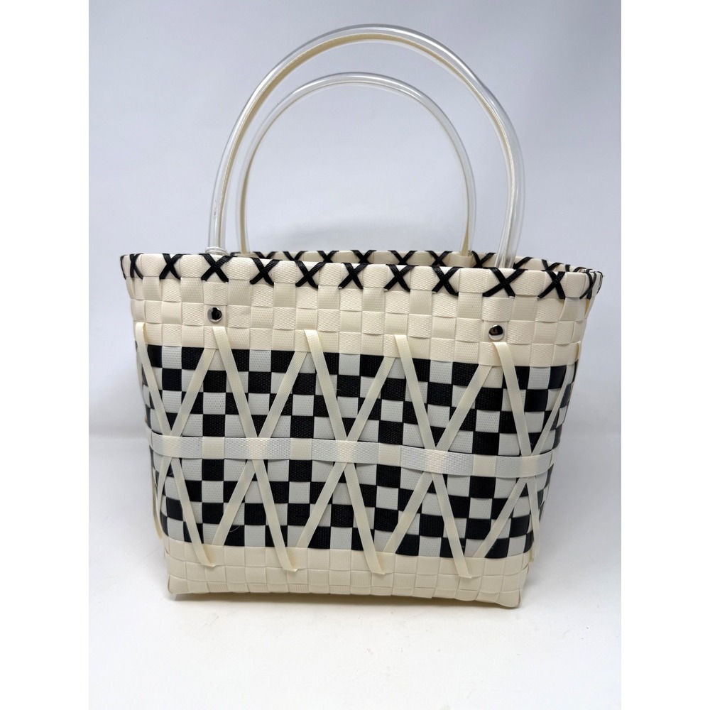 2Unic Woven Checkered Plastic Tote Bag Cream Black Clear Handles Handbag